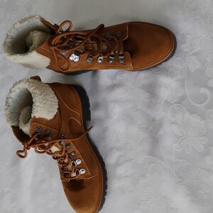 Marc Fisher Izzie Boot Women's Combat Ankle Brown Suede w/Faux Shearling - 9